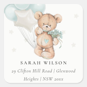 Cute Blue Bear Balloon Floral Bunch Heart Address Square Sticker