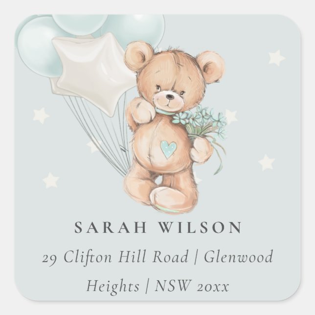 Cute Blue Bear Balloon Floral Bunch Heart Address Square Sticker (Front)