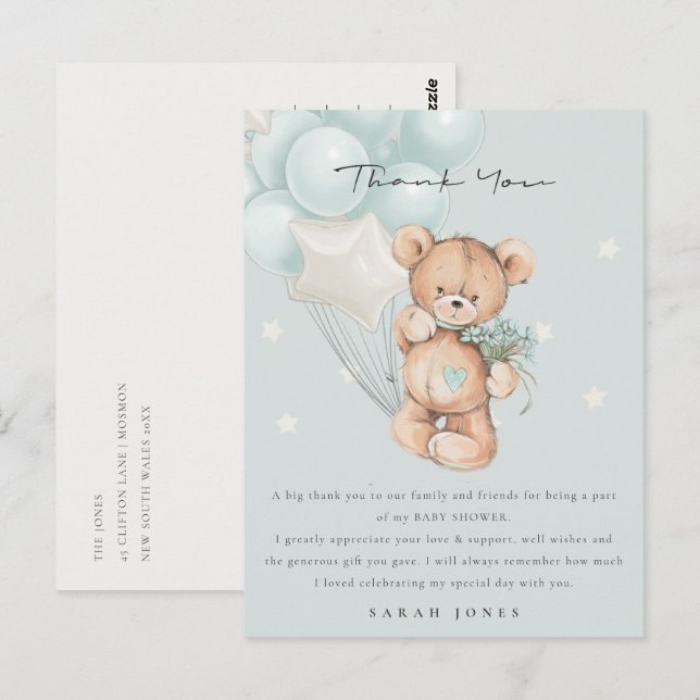 Cute Blue Bear Bearly Wait Balloon Baby Shower Postcard (Front/Back)