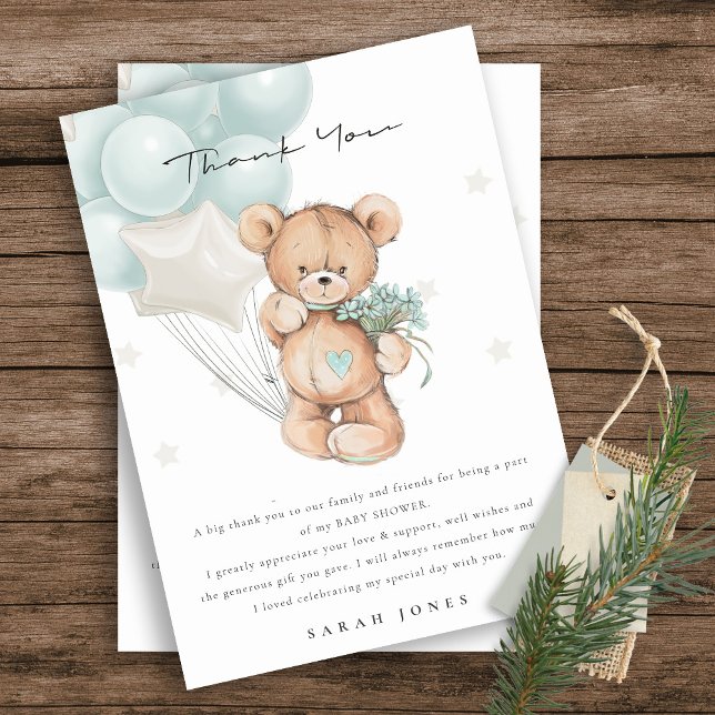 Cute Blue Bear Bearly Wait Balloon Baby Shower Thank You Card (Creator Uploaded)