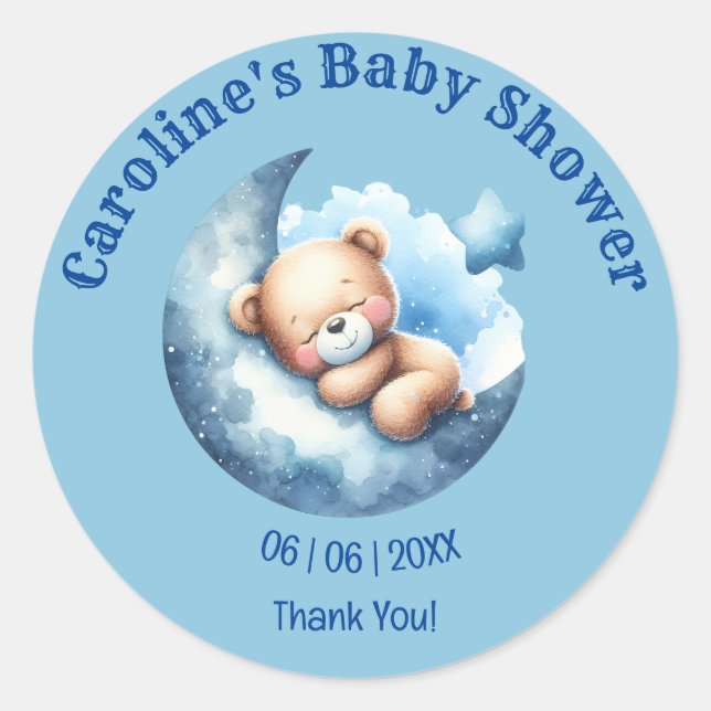 Cute Blue Bear Crescent Moon Baby Shower Classic Round Sticker (Front)