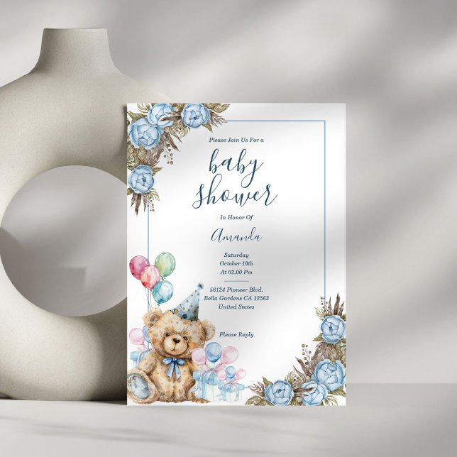 Cute Blue Bear Floral Baby Shower Invitation (Creator Uploaded)