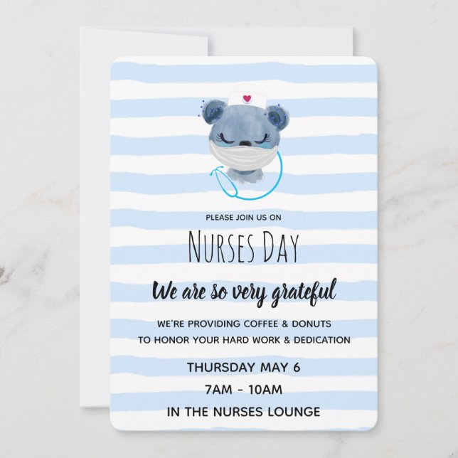 Cute Blue Bear Nurse in a Mask - Appreciation Invitation (Front)
