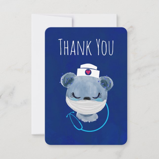 Cute Blue Bear Nurse wearing a Protective Mask Thank You Card (Front)