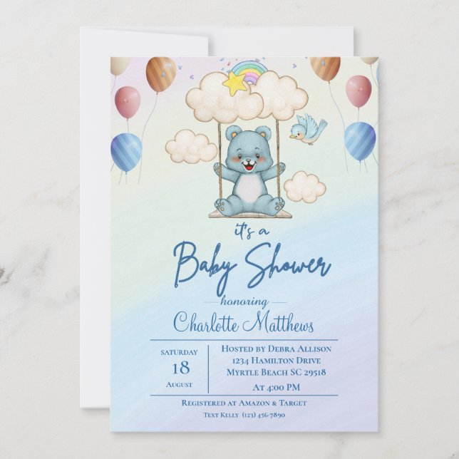   Cute Blue Bear Swing Rainbow Baby Shower  Invitation (Front)