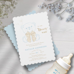 Cute Blue Bear We Can Bearly Wait Baby Shower Invitation