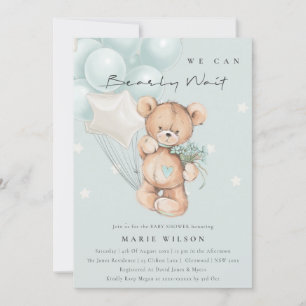 Cute Blue Bearly Wait Balloon Baby Shower Invite