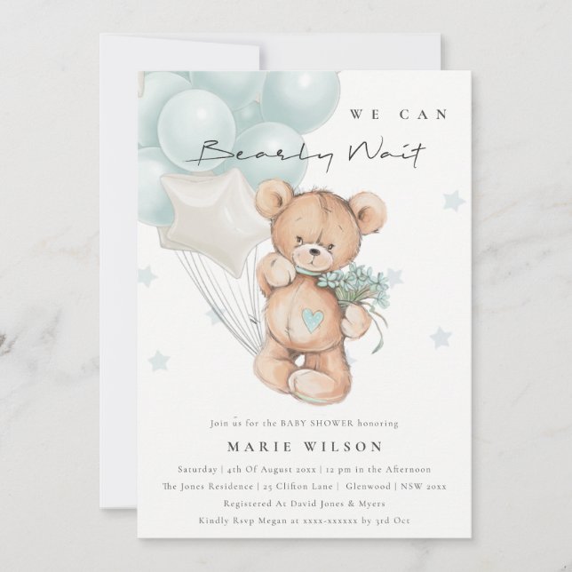 Cute Blue Bearly Wait Balloon Baby Shower Invite (Front)
