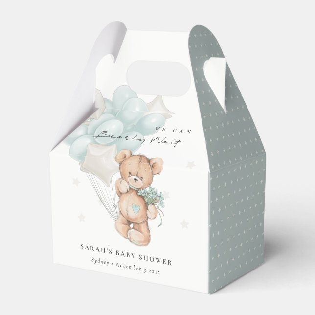 Cute Blue Bearly Wait Bear Balloon Baby Shower Favour Box (Front Side)