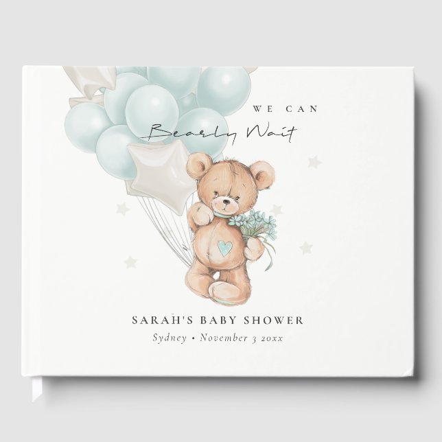 Cute Blue Bearly Wait Bear Balloon Baby Shower Guest Book (Front)