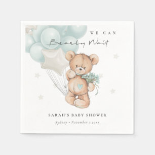 Cute Blue Bearly Wait Bear Balloon Baby Shower Napkin