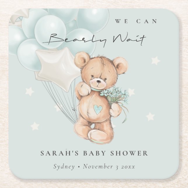 Cute Blue Bearly Wait Bear Balloon Baby Shower Square Paper Coaster (Front)