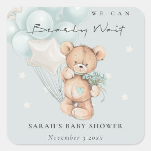 Cute Blue Bearly Wait Bear Balloon Baby Shower Square Sticker