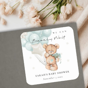 Cute Blue Bearly Wait Bear Balloon Baby Shower Square Sticker