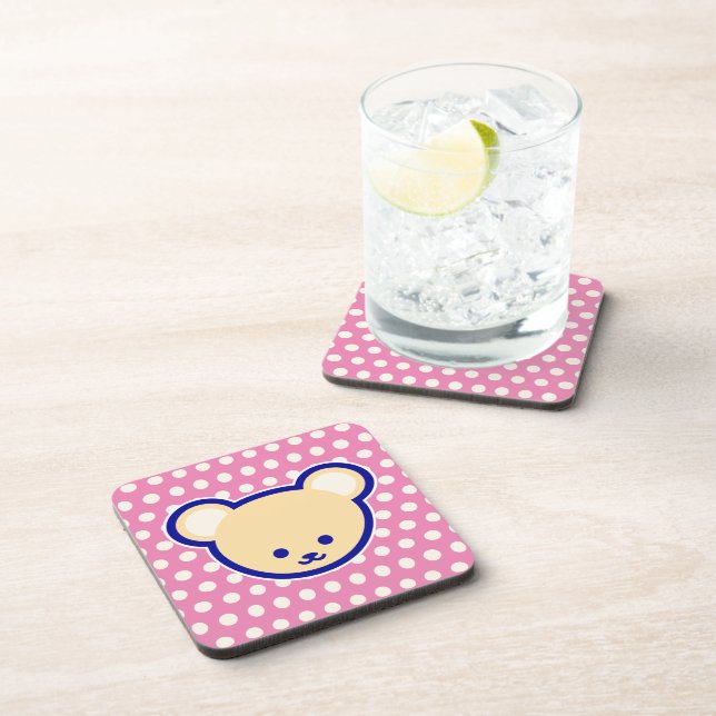 Cute Blue Beige Pink Teddy Bear Cartoon Art Coaster (Right Side)