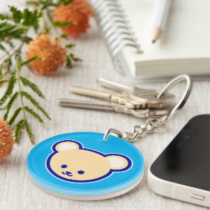 Cute Blue Beige Teddy Bear Cartoon Art Key Ring