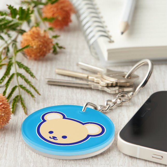 Cute Blue Beige Teddy Bear Cartoon Art Key Ring (Front Right)