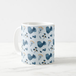 Cute Blue Bird and Berries illustrated Pattern Coffee Mug