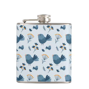 Cute Blue Bird and Berries illustrated Pattern Hip Flask