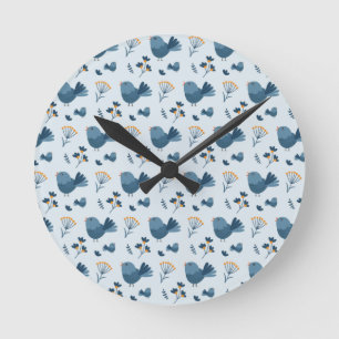 Cute Blue Bird and Berries illustrated Pattern Round Clock