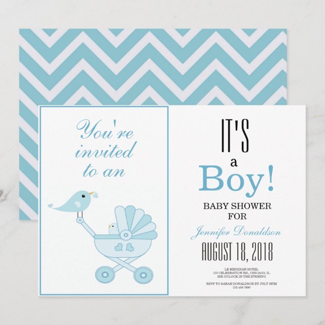 Cute Blue Bird Baby Carriage Chevron Baby Shower Invitation (Front/Back)