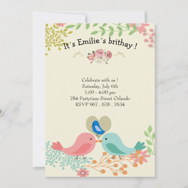 Cute blue bird Birthday Party Invitations (Front)