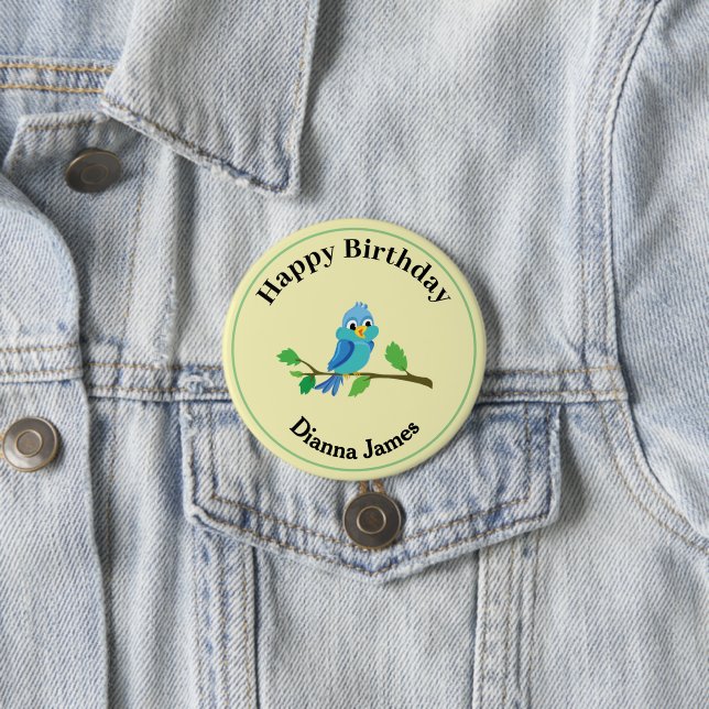 Cute Blue Bird Birthday Round Pin (In Situ)