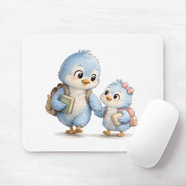 Cute Blue Bird Family Desk Mouse Pad (With Mouse)