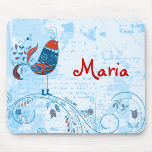 Cute Blue Bird Girly Retro Floral Fashion Mouse Mat
