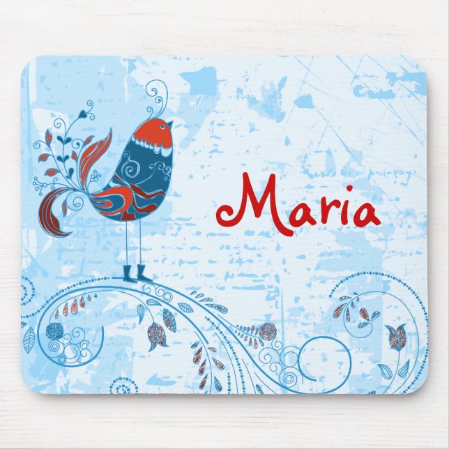 Cute Blue Bird Girly Retro Floral Fashion Mouse Mat (Front)