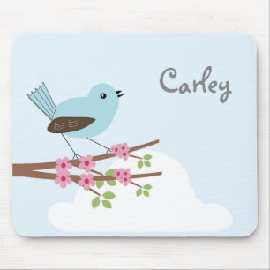 Cute Blue Bird in Blossom Tree Personalised Mouse Mat