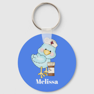 Cute blue bird nurse add name keychain