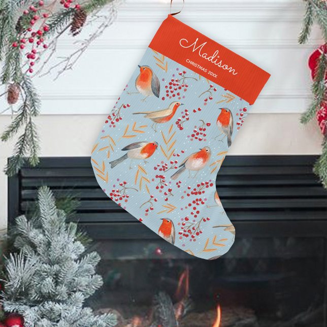 Cute Blue Bird Pattern Christmas Holiday Name Large Christmas Stocking (Cute Blue Bird Pattern Christmas Holiday Name Large Christmas Stocking)