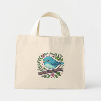 Cute Blue Bird Perched on a Blooming Branch Mini Tote Bag