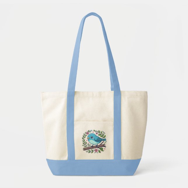 Cute Blue Bird Perched on a Blooming Branch Tote Bag (Front)