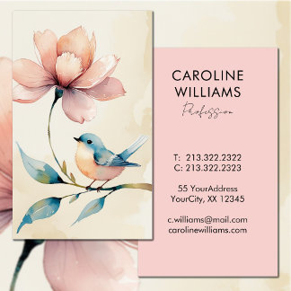 Cute blue bird pink flower watercolor business card