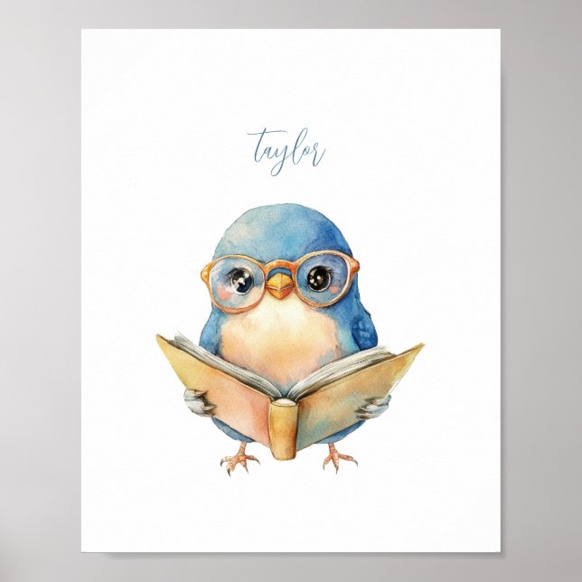 Cute Blue Bird Reading Poster Print (Front)