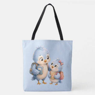 Cute blue Bird Siblings Black Tote Bag