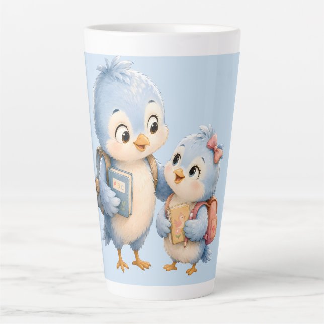Cute Blue Bird Siblings Latte Coffee Mug (Front)