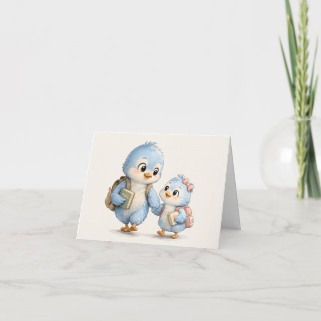 Cute Blue Bird Siblings Thank You Card (Front)