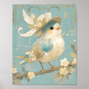Cute Blue Bird Vintage Watercolor Nursery Art Poster