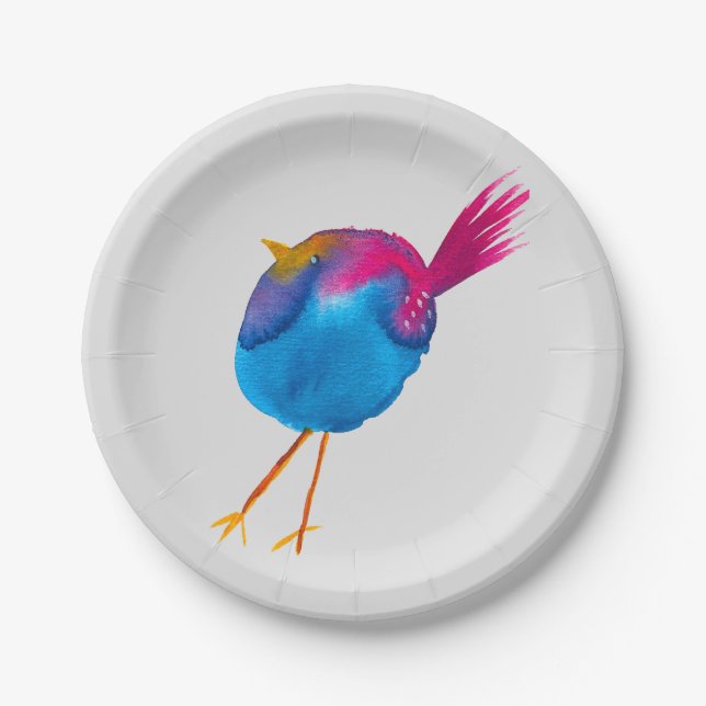 Cute blue bird watercolor paper plate (Front)
