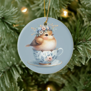 Cute Blue Bird with Floral Crown in Teacup Ceramic Tree Decoration