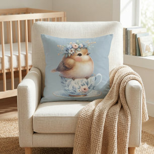 Cute Blue Bird with Floral Crown in Teacup Cushion