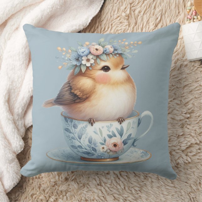 Cute Blue Bird with Floral Crown in Teacup Cushion (Blanket)