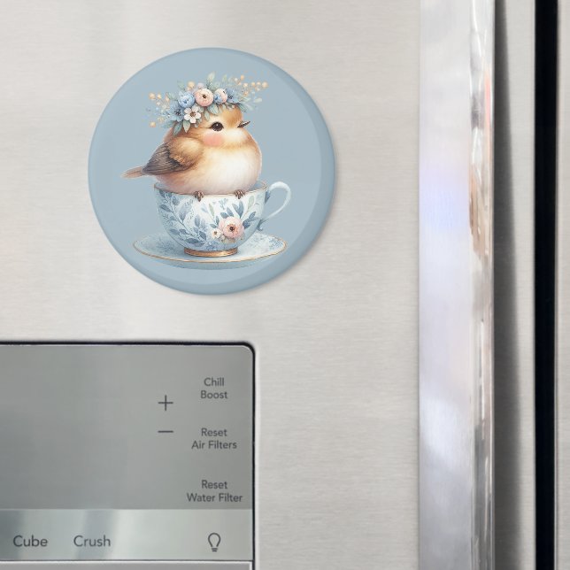 Cute Blue Bird with Floral Crown in Teacup Magnet (In Situ (Fridge))
