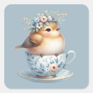 Cute Blue Bird with Floral Crown in Teacup Square Sticker