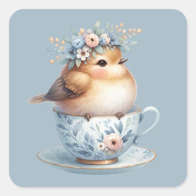Cute Blue Bird with Floral Crown in Teacup Square Sticker (Front)