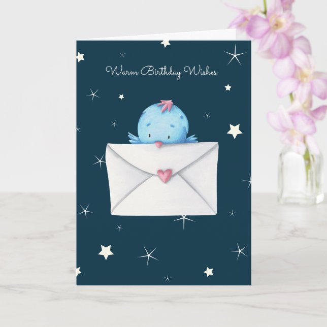 Cute Blue Bird with Letter Personalised Birthday Card (Orchid)