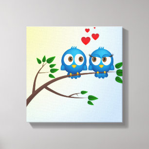 Cute blue birds in love cartoon canvas print